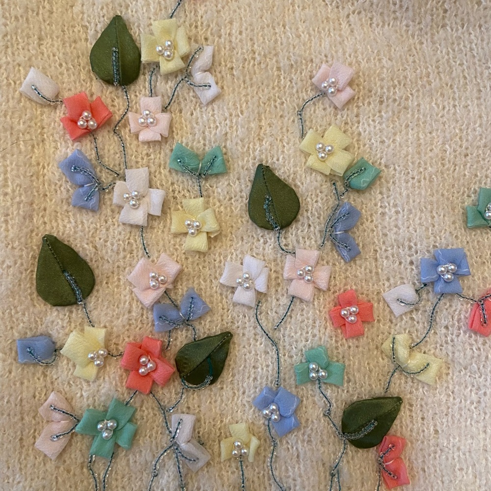Cream Floral Embroidered Cardigan 1950s Vintage M - Picture 2 of 10